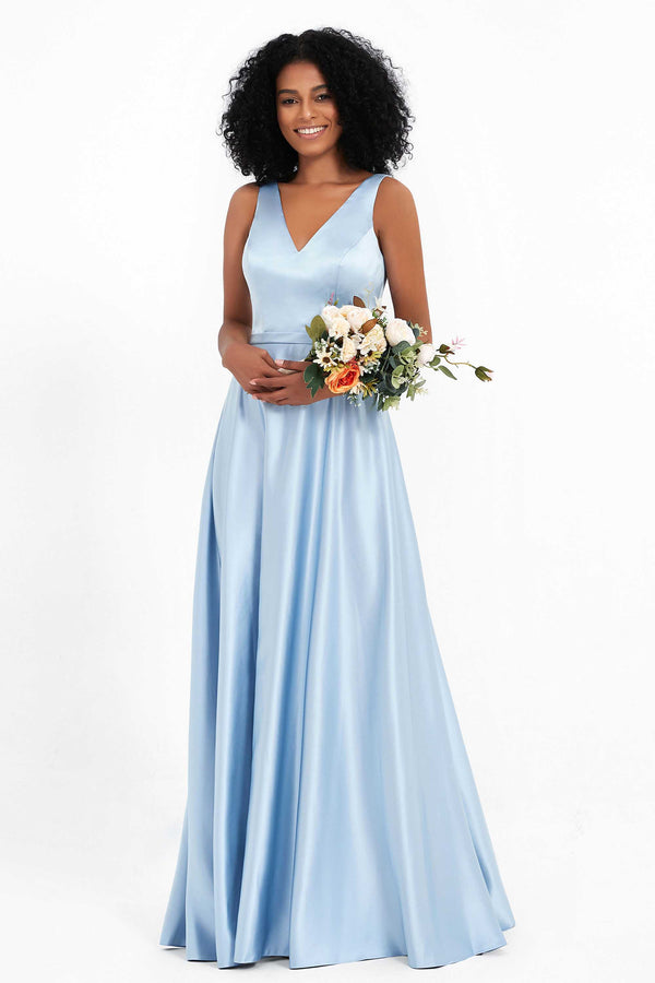 Blue V Neck Satin Long Prom Dress, Blue Satin Evening Dresses – shopluu